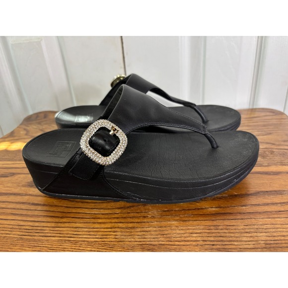 FitFlop Black Leather Buckle Embellished Thong Sandals Women's Size US 7 - Picture 1 of 7
